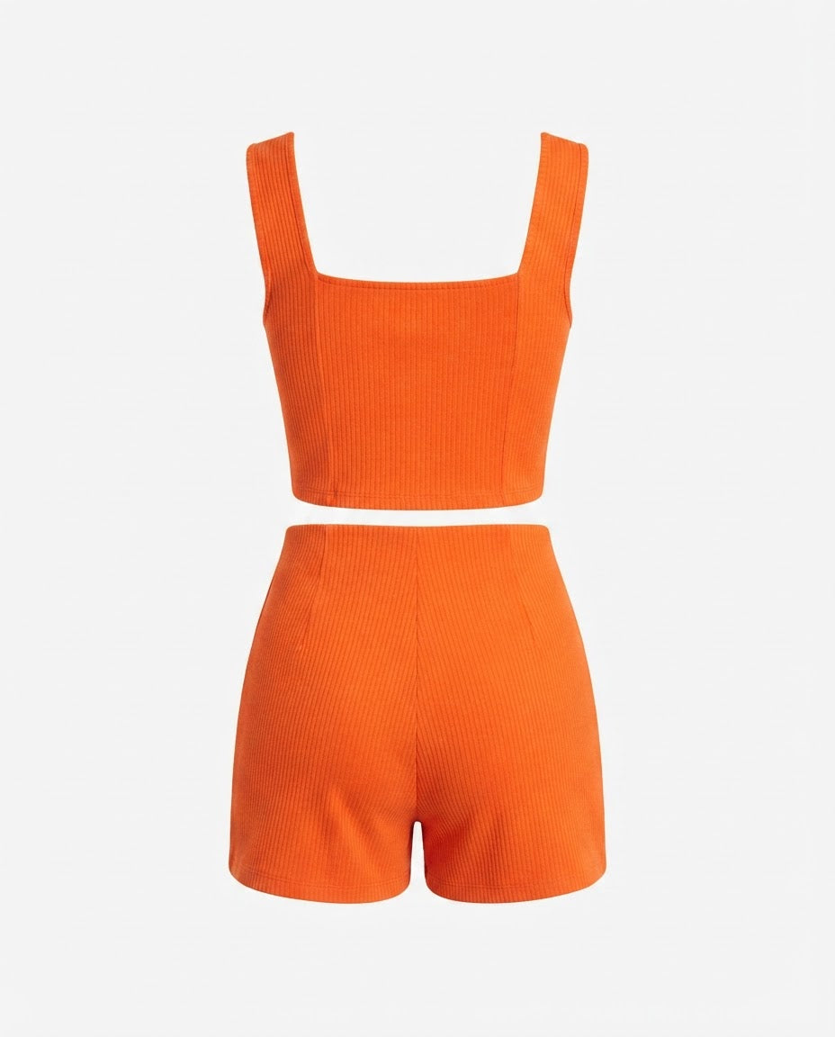 Conjunto Feminino Cropped e Short Cintura Média Malha Ribana - Laranja