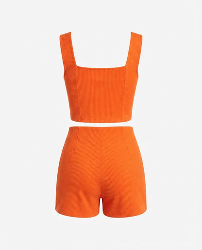 Conjunto Feminino Cropped e Short Cintura Média Malha Ribana - Laranja