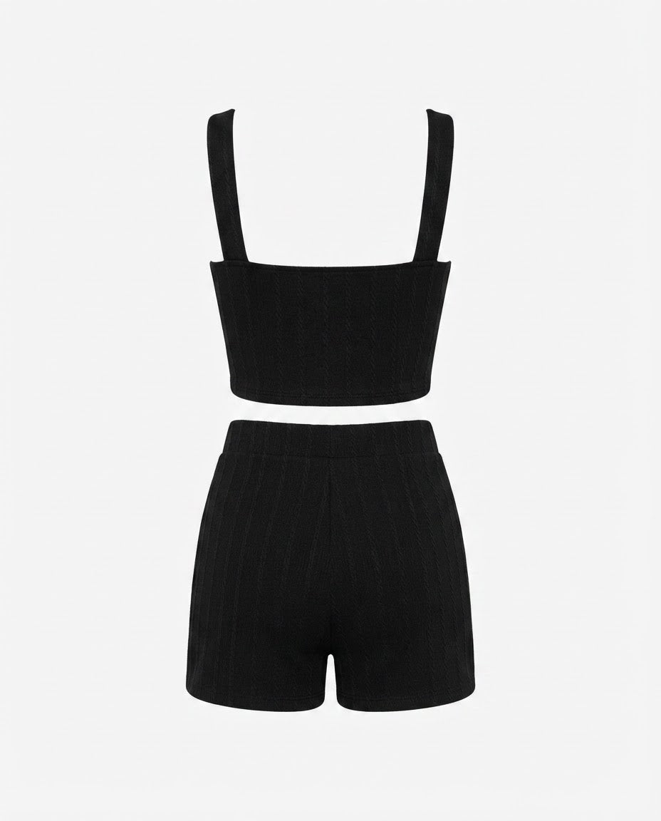 Conjunto Feminino Cropped e Short Cintura Média Malha Ribana - Preto