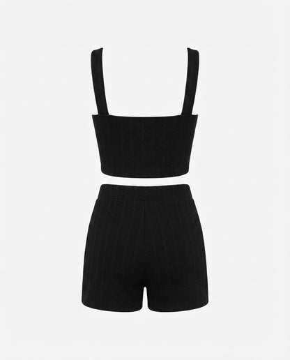 Conjunto Feminino Cropped e Short Cintura Média Malha Ribana - Preto
