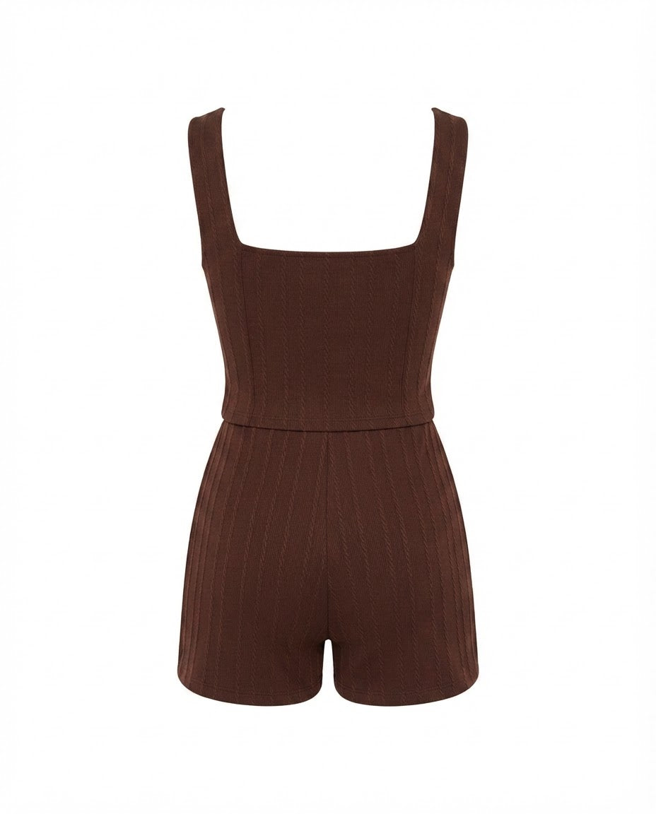 Conjunto Feminino Cropped e Short Cintura Média Malha Ribana - Marrom