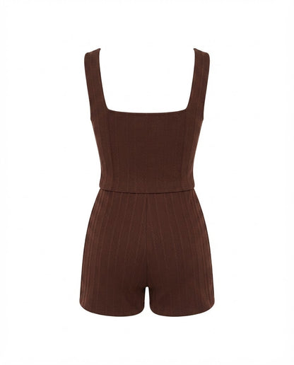 Conjunto Feminino Cropped e Short Cintura Média Malha Ribana - Marrom