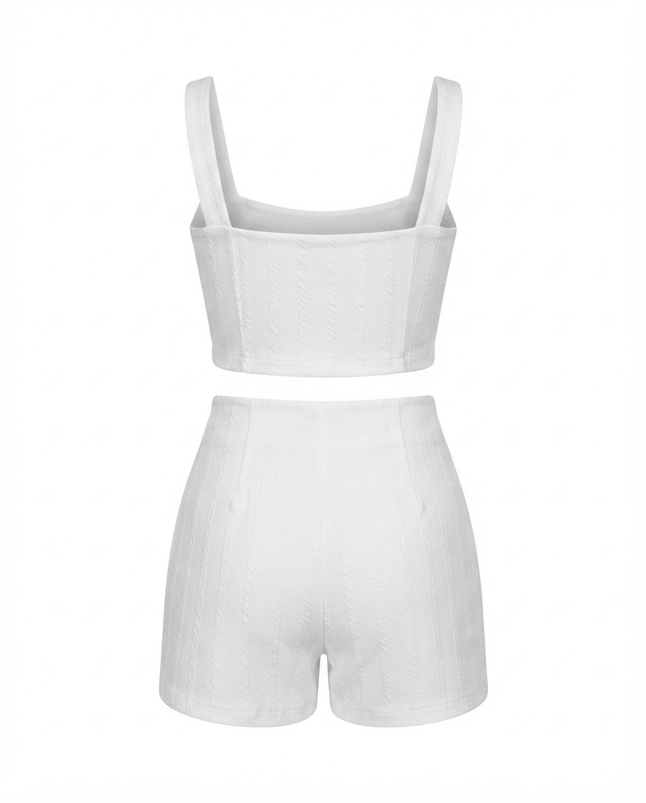 Conjunto Feminino Cropped e Short Cintura Média Malha Ribana - Branco