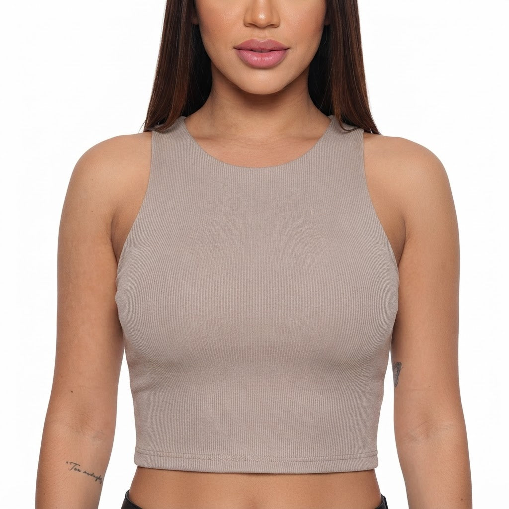 Cropped feminino duplo forro frente e verso malha ribana poliéster - Cinza