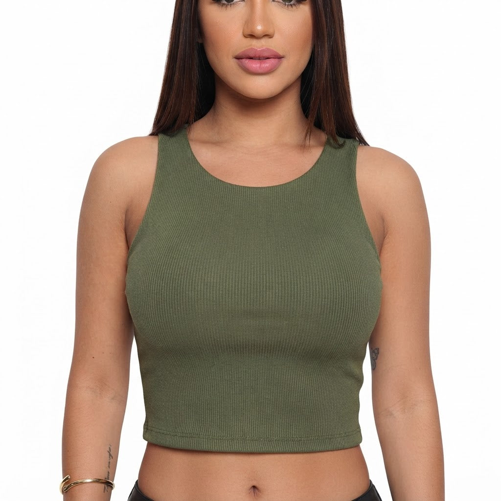 Cropped feminino duplo forro frente e verso malha ribana poliéster - Verde Militar