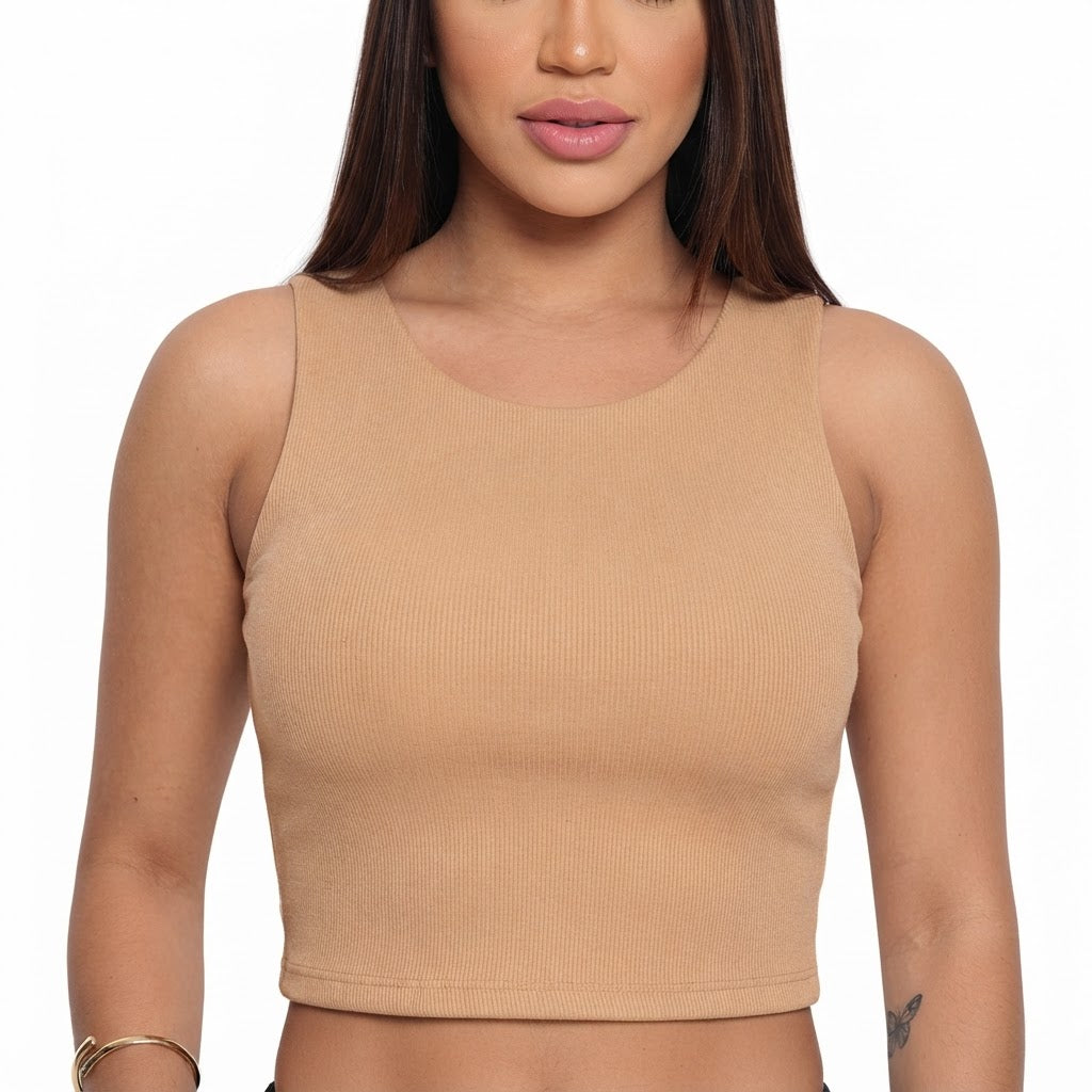 Cropped feminino duplo forro frente e verso malha ribana poliéster - Nude