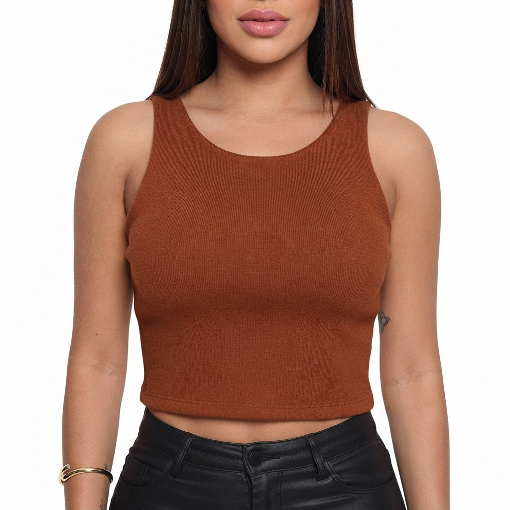 Cropped feminino duplo forro frente e verso malha ribana poliéster - Chocolate