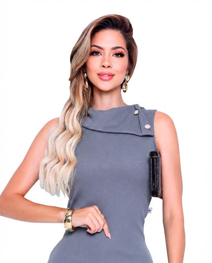 Blusa Regata gola alta de 2 botões malha ribana - Chumbo