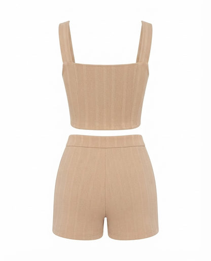 Conjunto Feminino Cropped e Short Cintura Média Malha Ribana - Nude